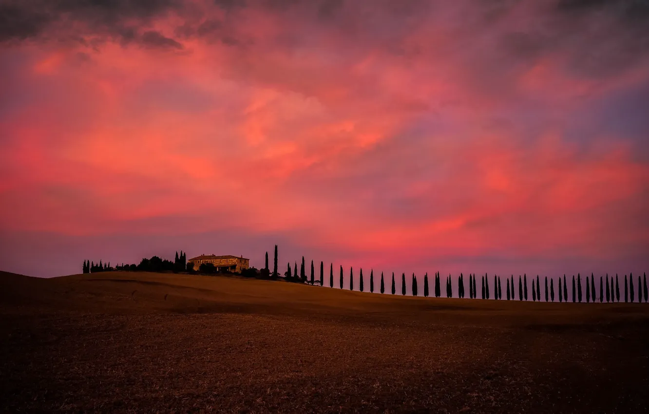 Photo wallpaper house, sky, trees, field, landscape, Italy, nature, sunset