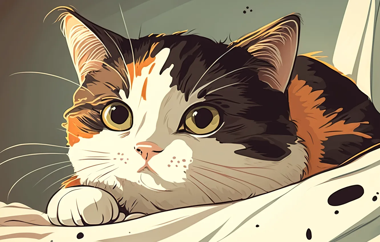 Photo wallpaper cat, eyes, cat, look, face, art, bed, digital art