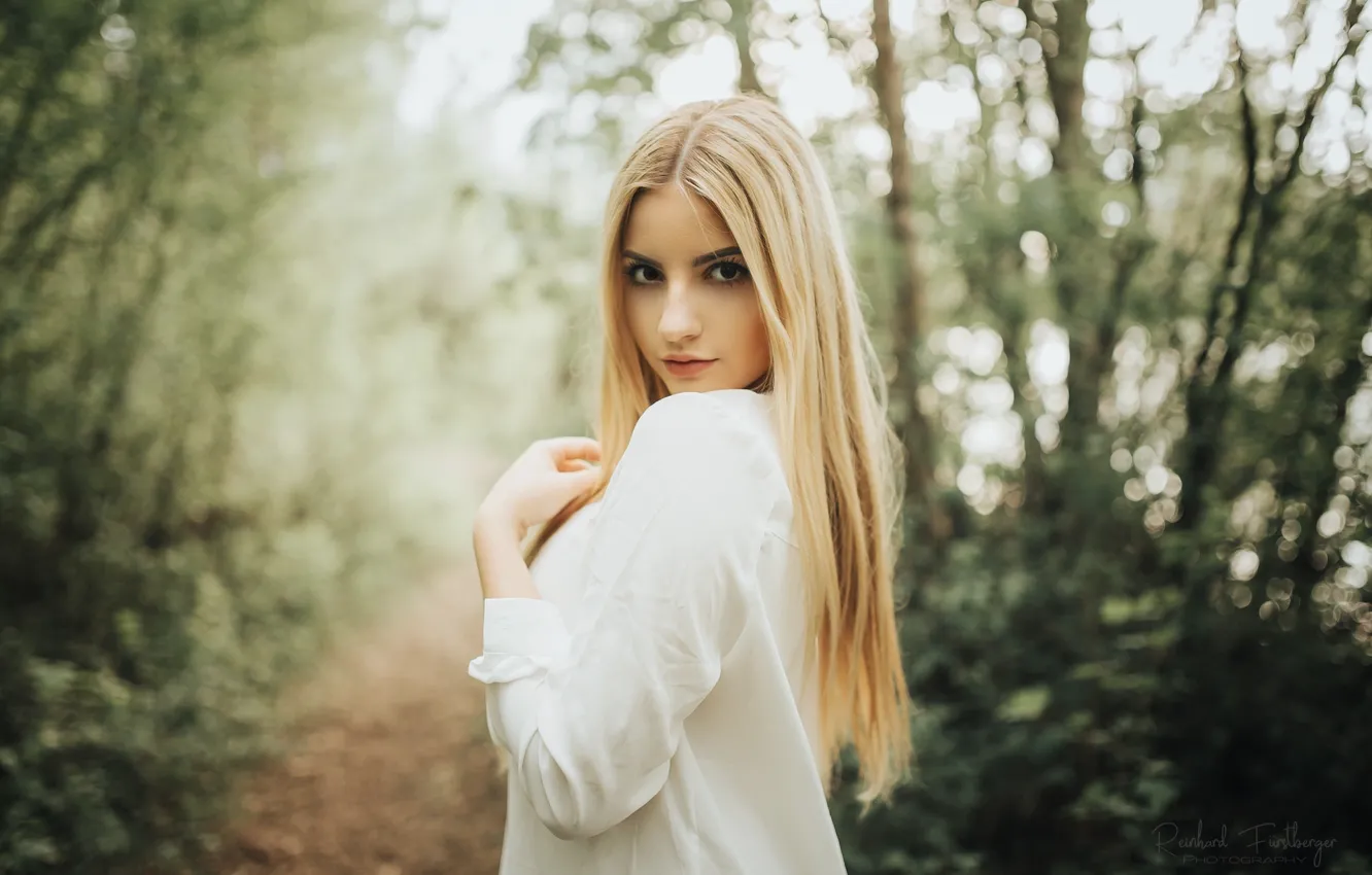 Photo wallpaper look, trees, pose, model, makeup, dress, hairstyle, blonde