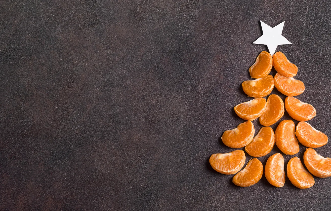 Photo wallpaper stars, new year, Christmas, citrus, herringbone, slices, brown background, composition