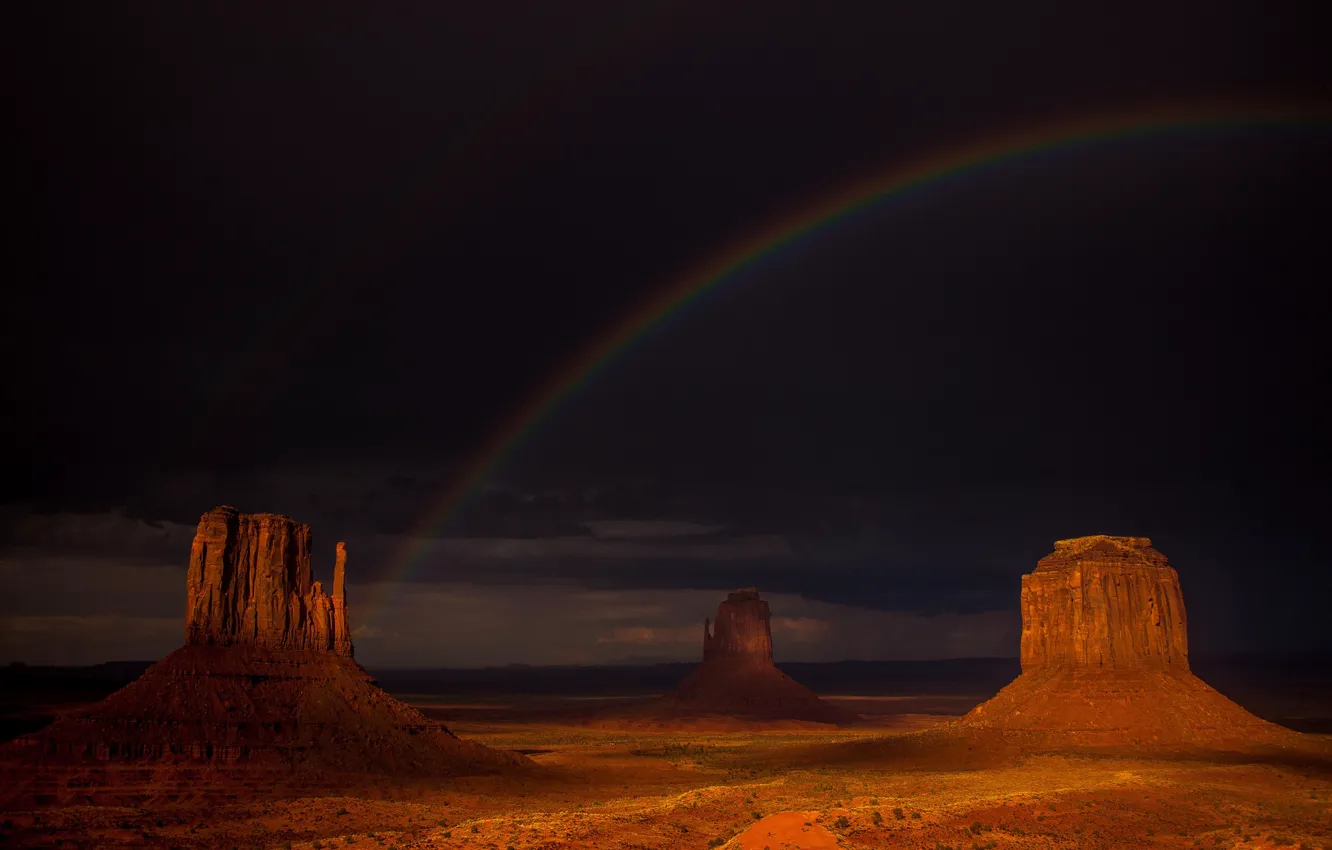 Photo wallpaper mountains, night, clouds, rocks, rainbow, Monument valley