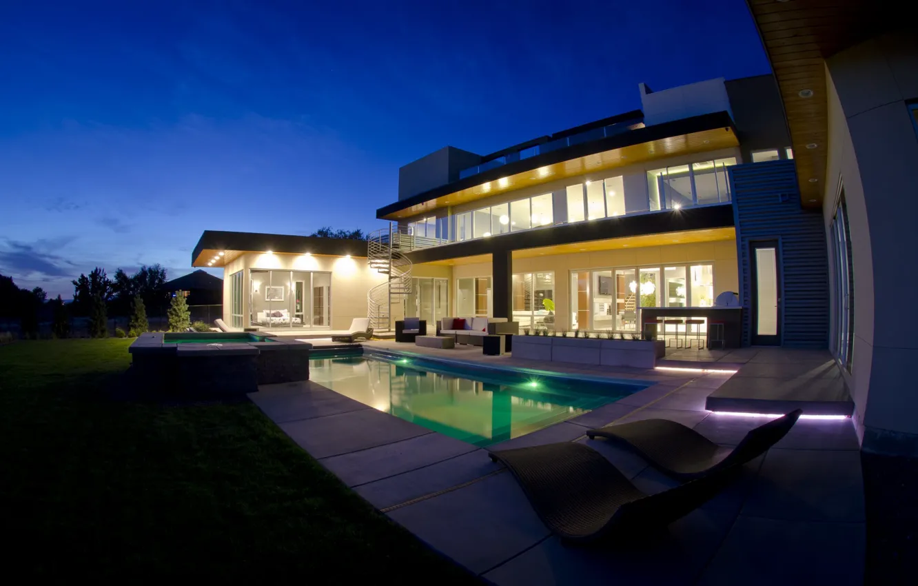 Photo wallpaper Villa, the evening, pool, lighting, architecture, terrace