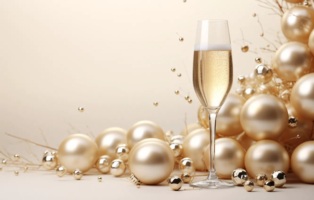 Photo wallpaper balls, sprig, wine, glass, new year, Christmas, gold, champagne