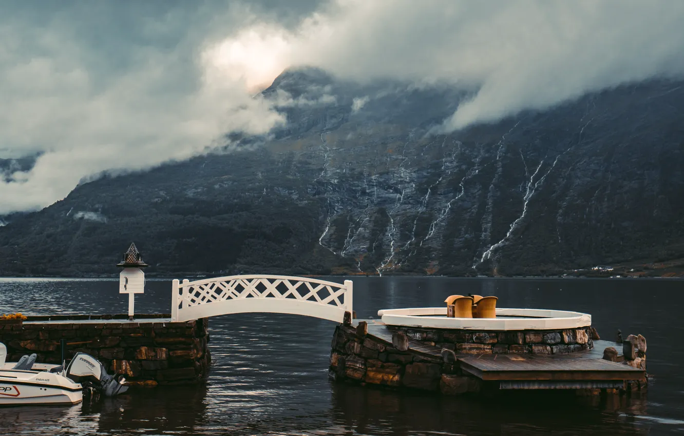 Photo wallpaper lake, river, rocks, pier, the bridge