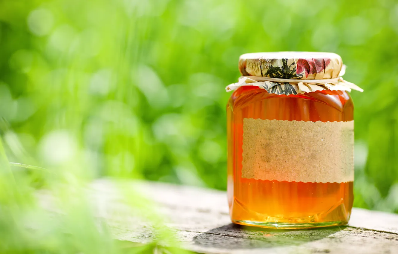 Photo wallpaper table, honey, jars, bokeh