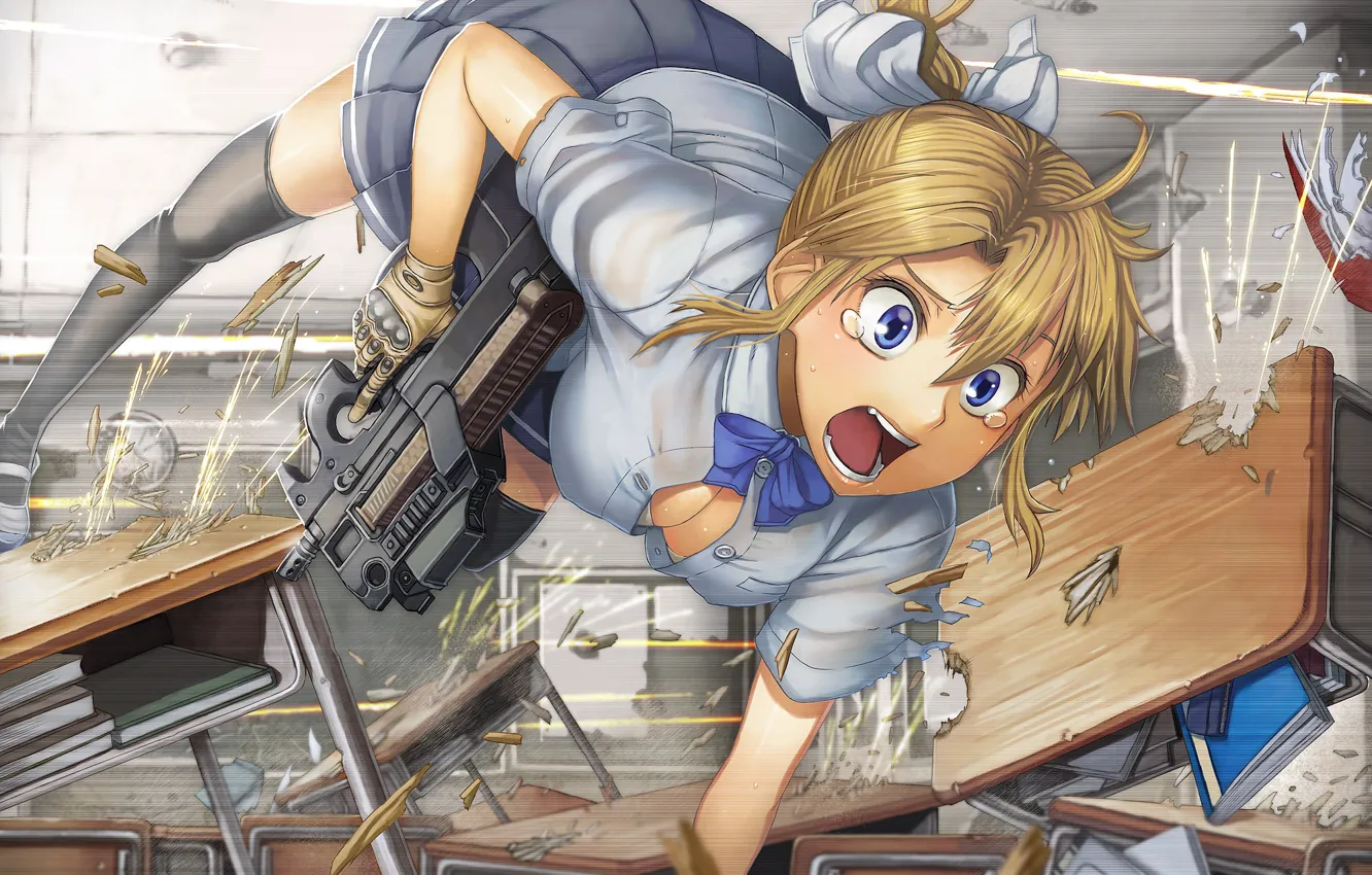 Photo wallpaper chest, girl, fright, machine, class, art, desks, blonde girl