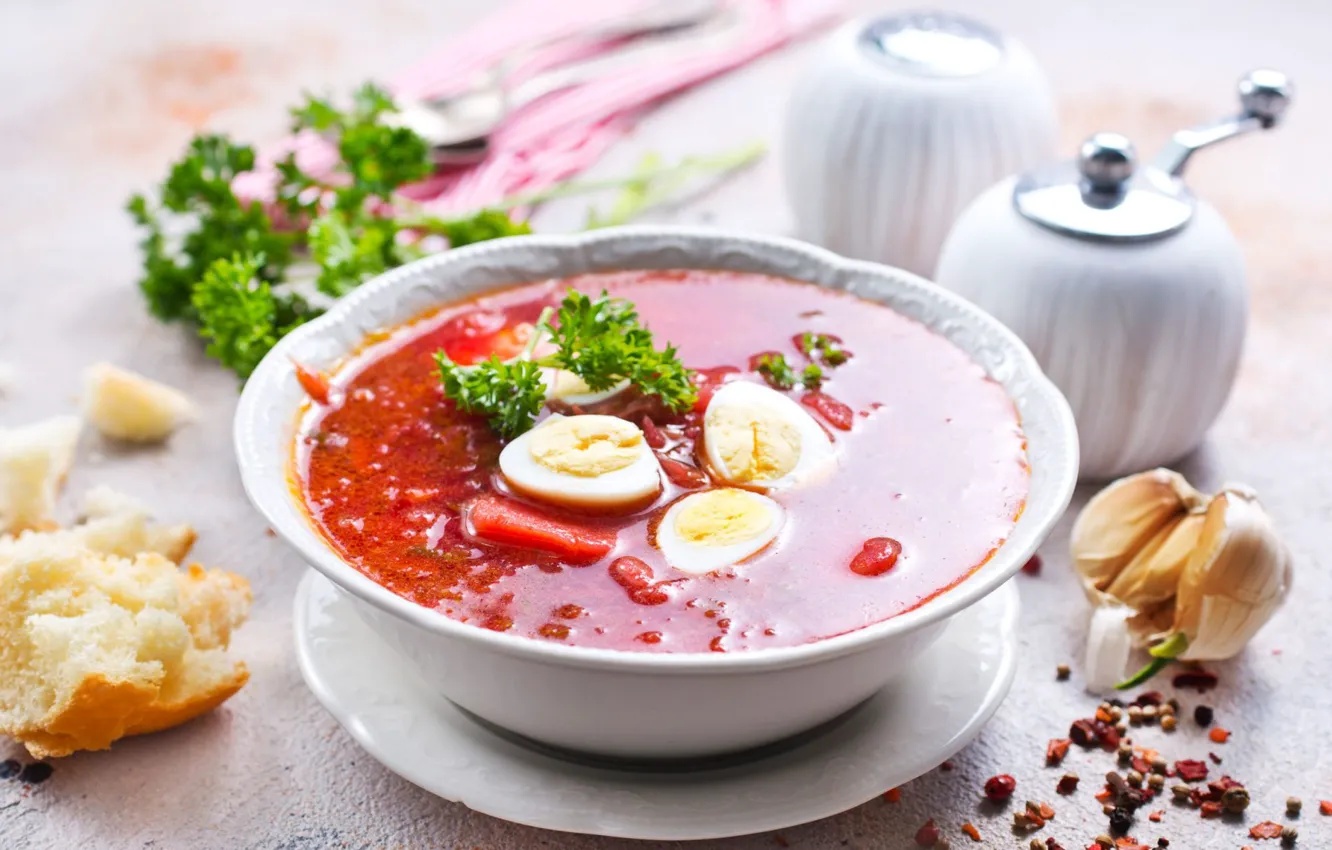 Photo wallpaper eggs, bread, soup, garlic