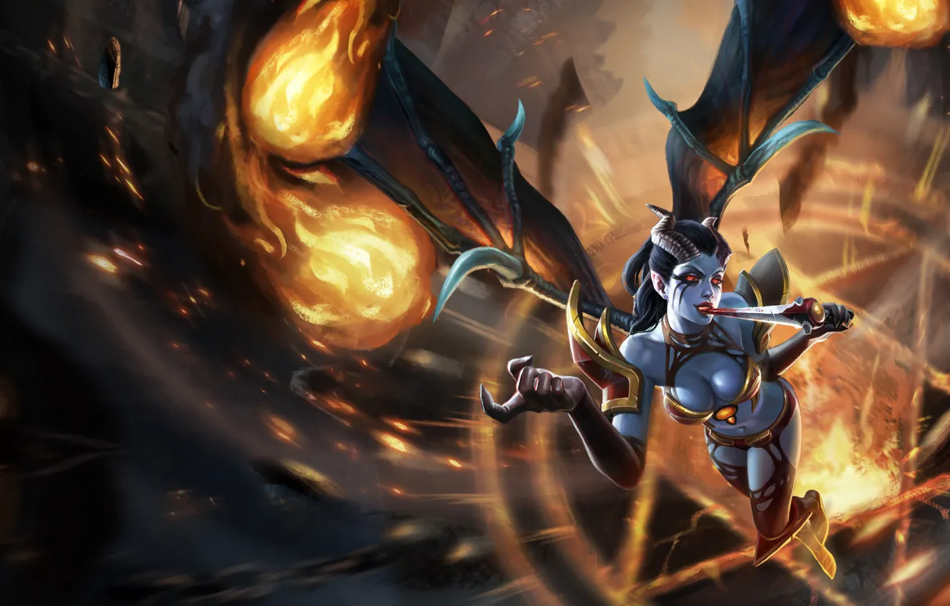 Photo wallpaper girl, lights, blood, wings, armor, claws, dagger, dota