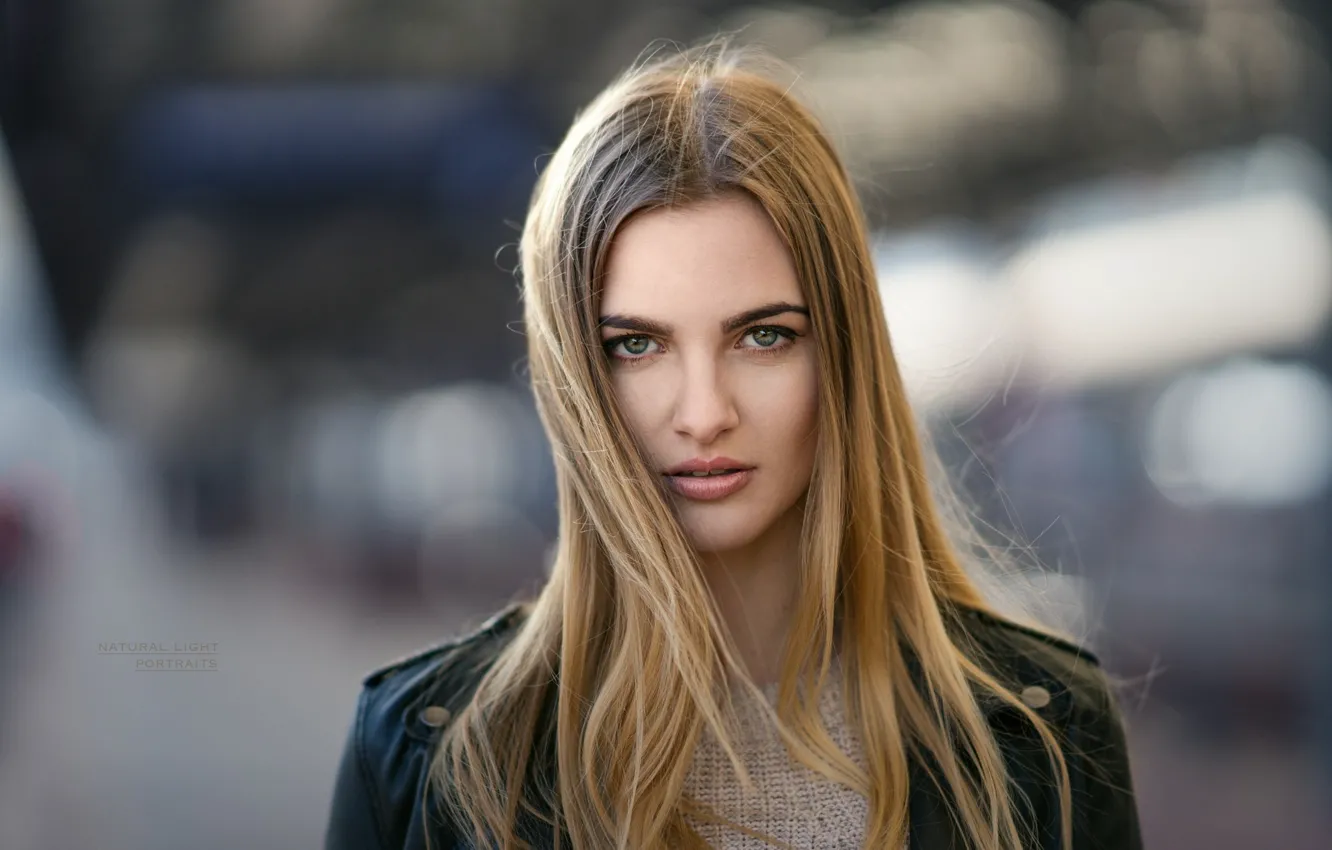 Photo wallpaper look, girl, background, portrait, jacket, hairstyle, blonde, bokeh