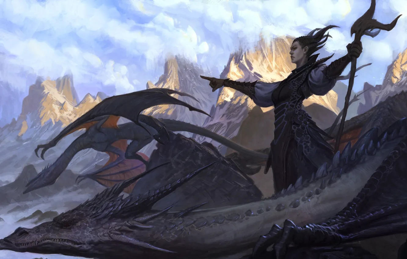 Photo wallpaper fantasy, horns, wings, mountains, snow, man, digital art, artwork