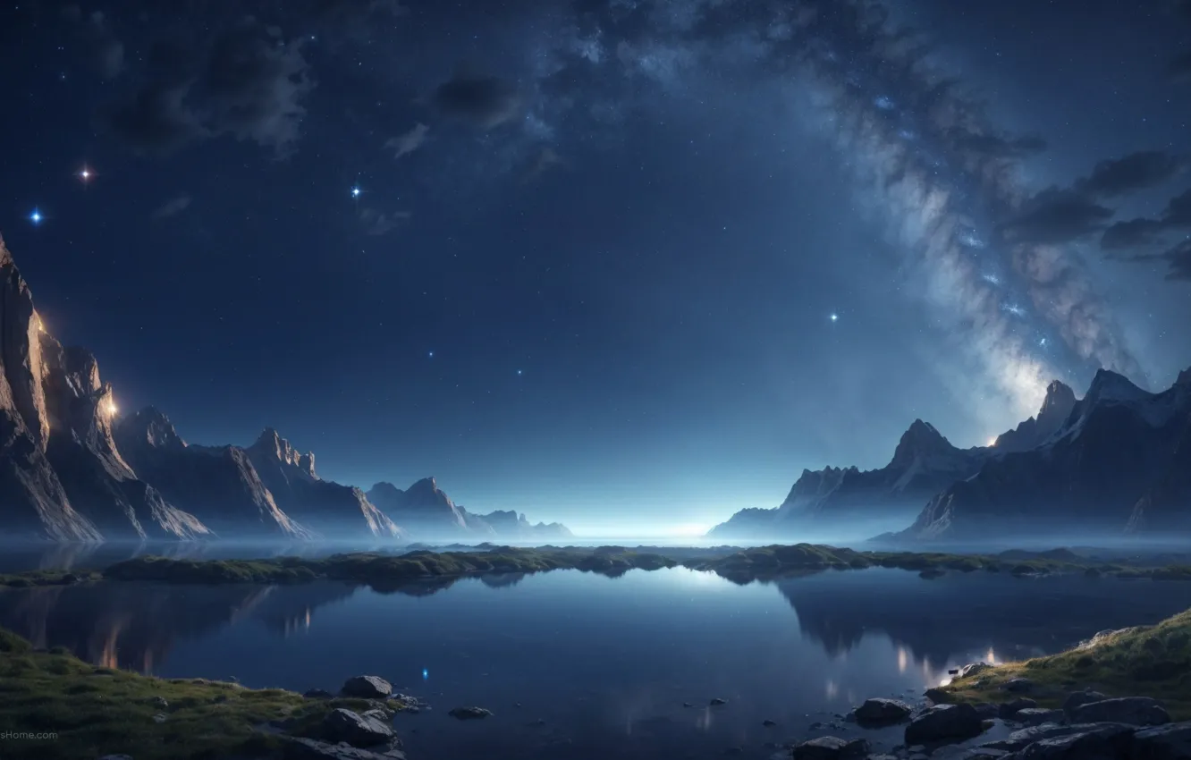 Photo wallpaper mountains, scenic, lake, At Night