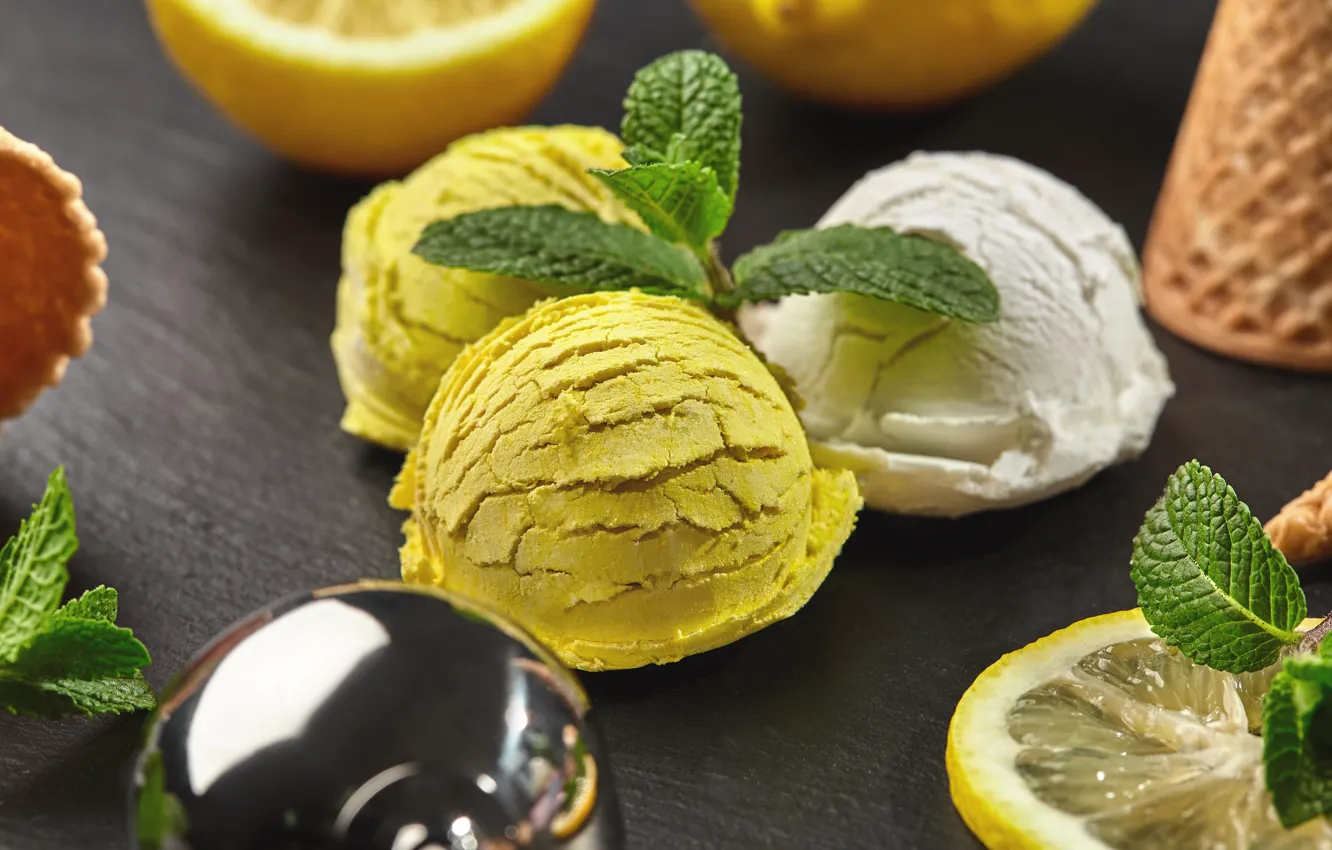Photo wallpaper balls, lemon, ice cream, mint, dessert, Lemon