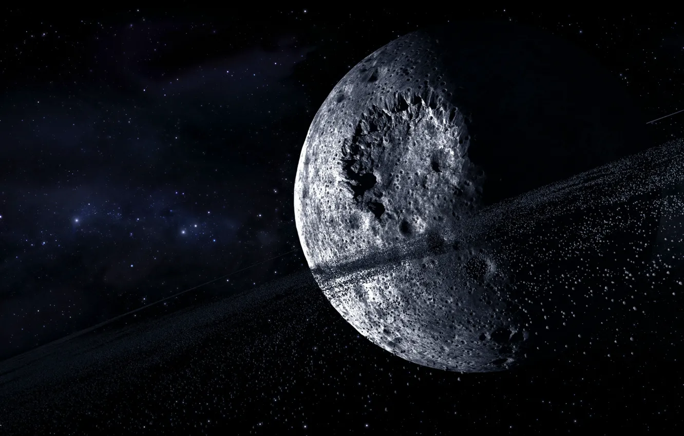 Photo wallpaper space, stars, planet, asteroids, ring, craters, multi monitors