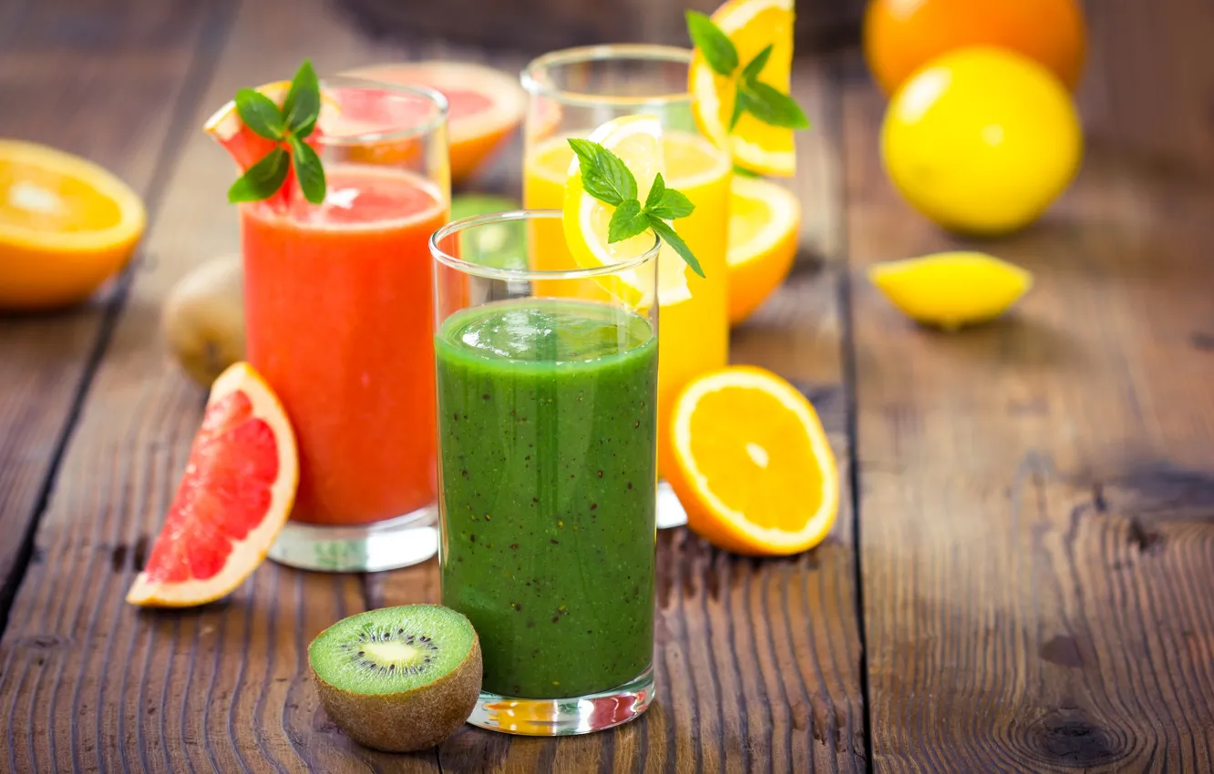 Photo wallpaper orange, kiwi, juice, glasses, drinks, mint, grapefruit, fresh