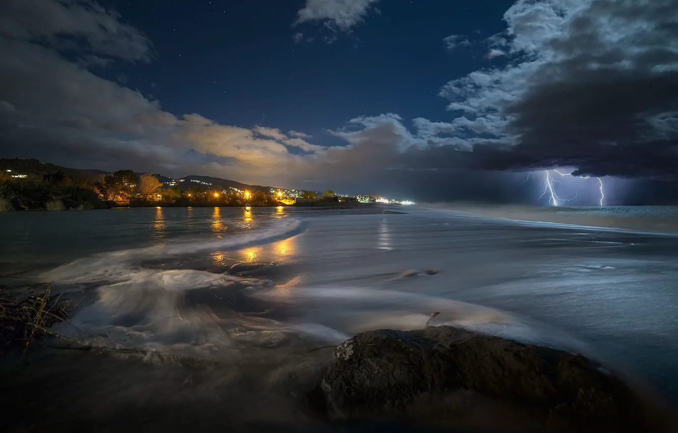 Photo wallpaper sea, the storm, wave, light, clouds, lightning, Night, Italy