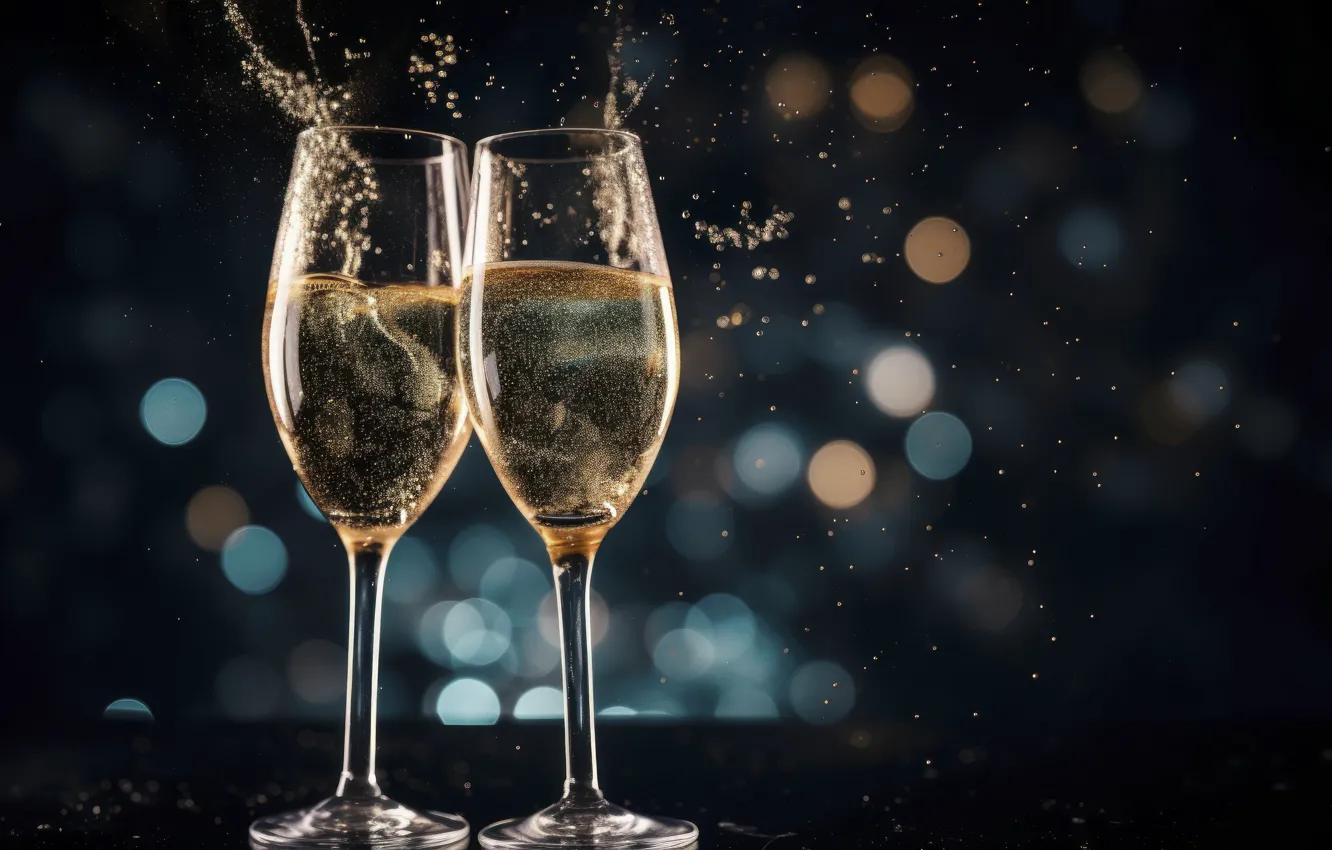 Photo wallpaper squirt, glass, new year, golden, champagne, Christmas, bokeh, New Year