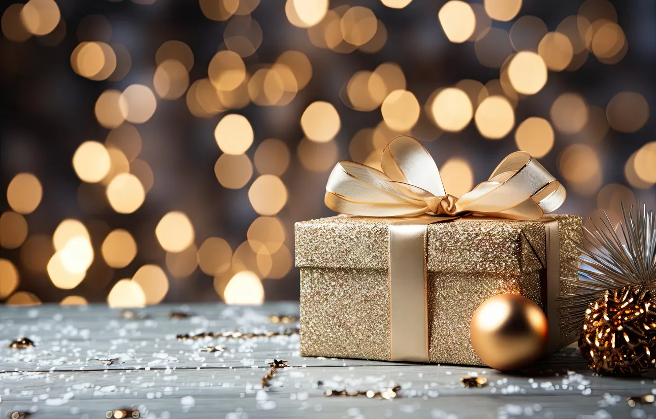 Photo wallpaper balls, lights, box, gift, Board, new year, Christmas, gold plated
