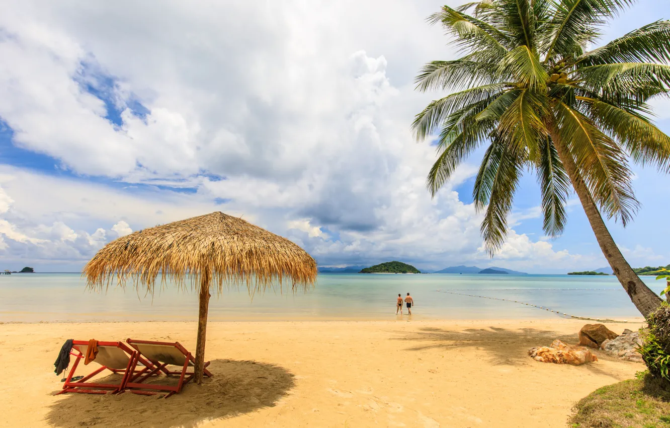 Photo wallpaper sand, sea, beach, summer, the sky, the sun, palm trees, shore