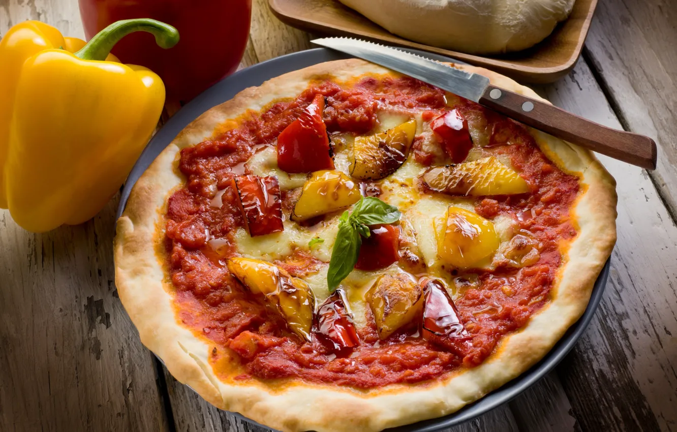 Photo wallpaper cheese, knife, pepper, pizza, pizza, dish, the dough, Bulgarian