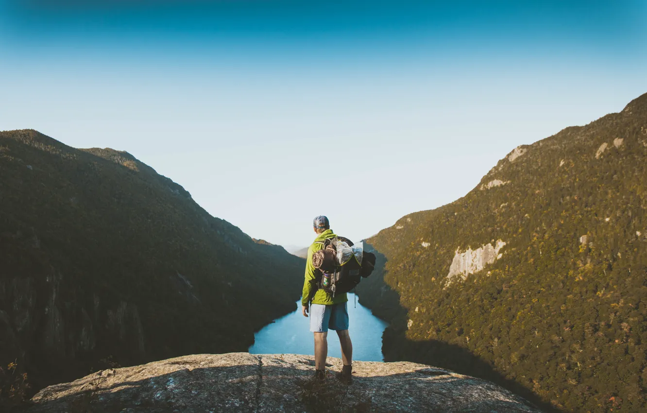 Photo wallpaper landscape, mountains, nature, river, view, man, male, backpack