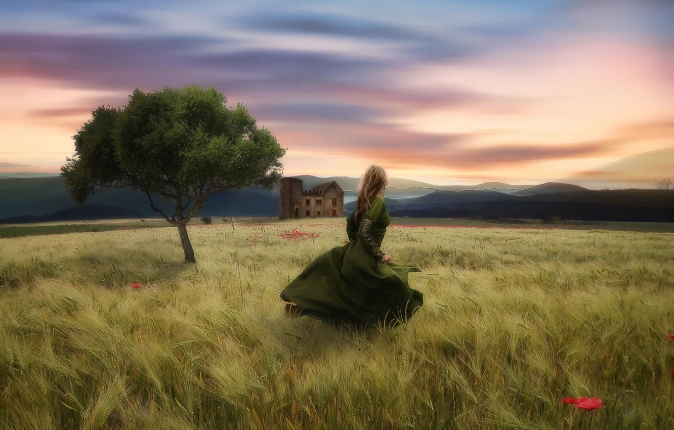 Photo wallpaper field, the sky, girl, trees, mountains, pose, green, rendering