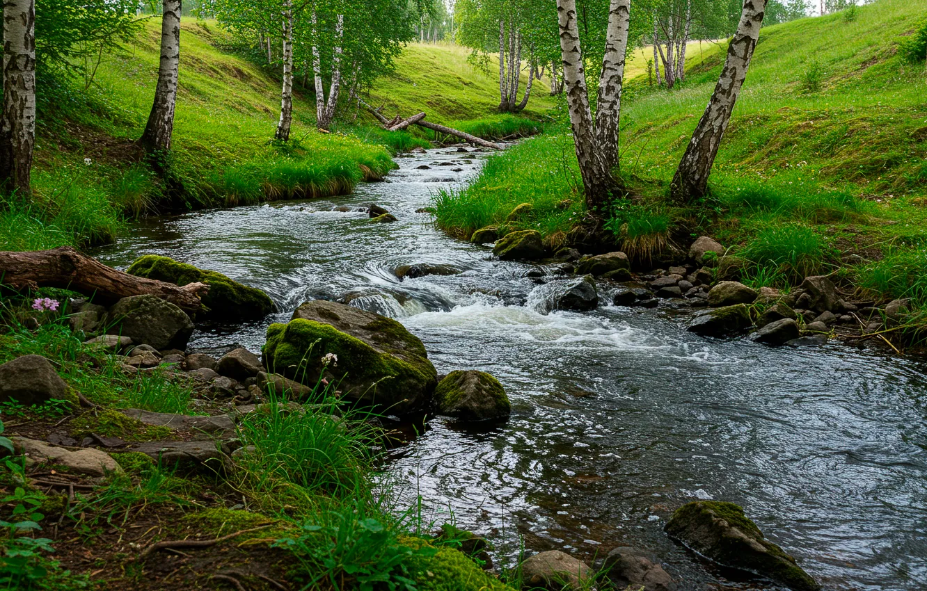 Photo wallpaper grass, water, stream, stones, birch