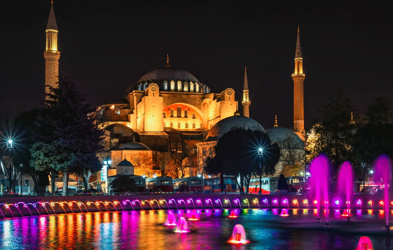 Photo wallpaper night, the city, lighting, fountain, Istanbul, Turkey, Hagia Sophia, Hagia Sophia