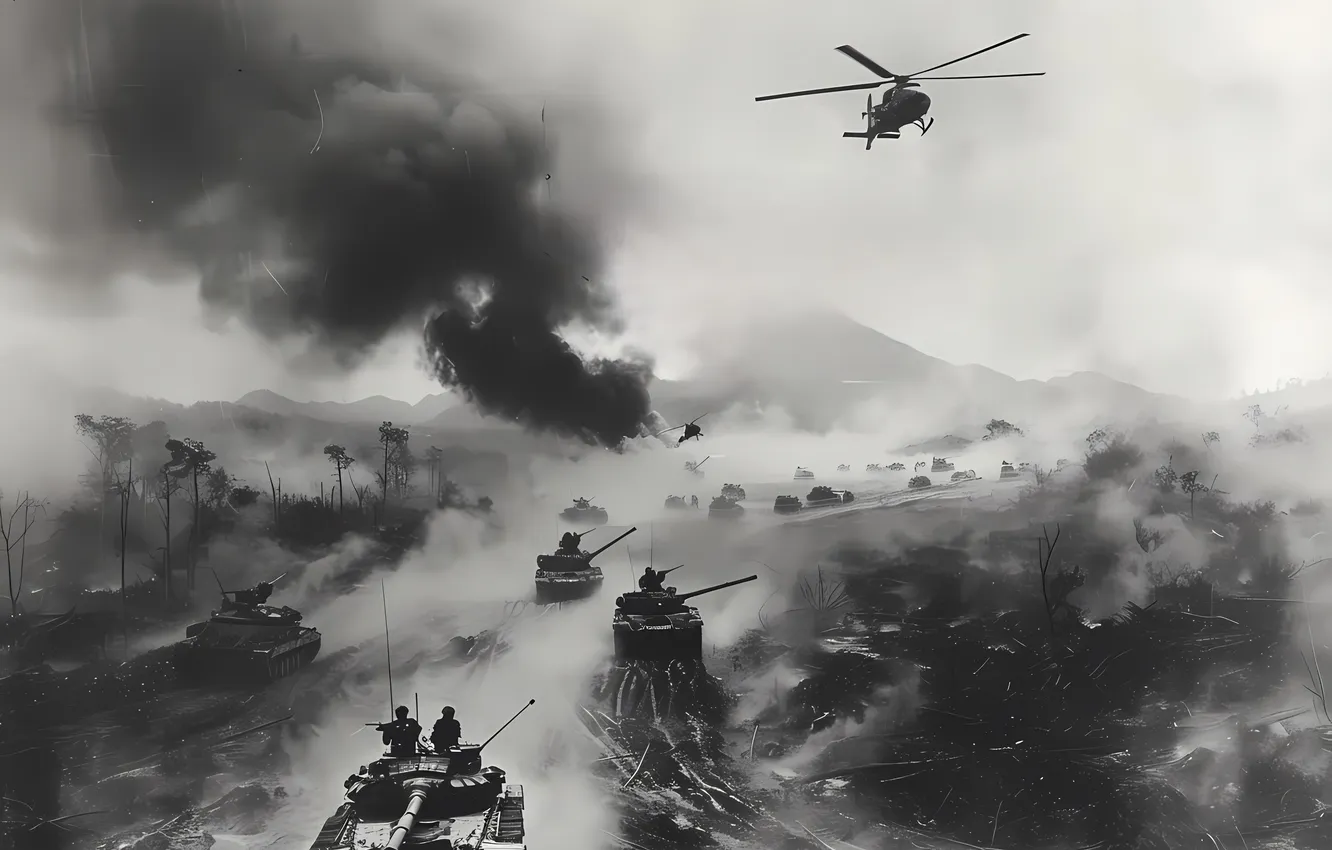 Photo wallpaper retro, smoke, tank, black and white, helicopter, digital art, AI art, The Art of Artificial …