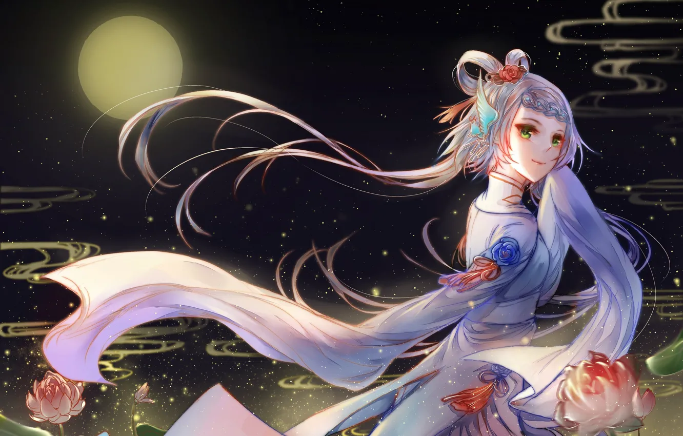 Photo wallpaper girl, flowers, night, the moon, hair, Lotus, Vocaloid, Vocaloid