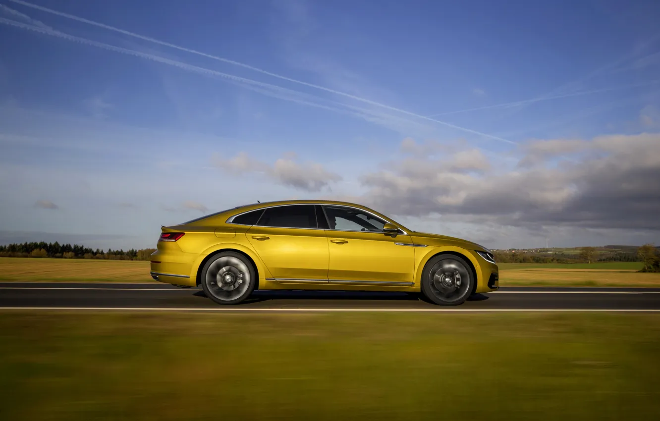 Photo wallpaper yellow, plain, Volkswagen, profile, 2018, R-Line, liftback, 2017