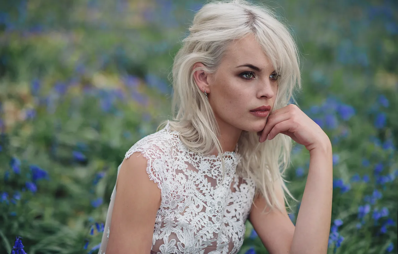 Photo wallpaper flowers, background, model, portrait, hands, makeup, hairstyle, blonde