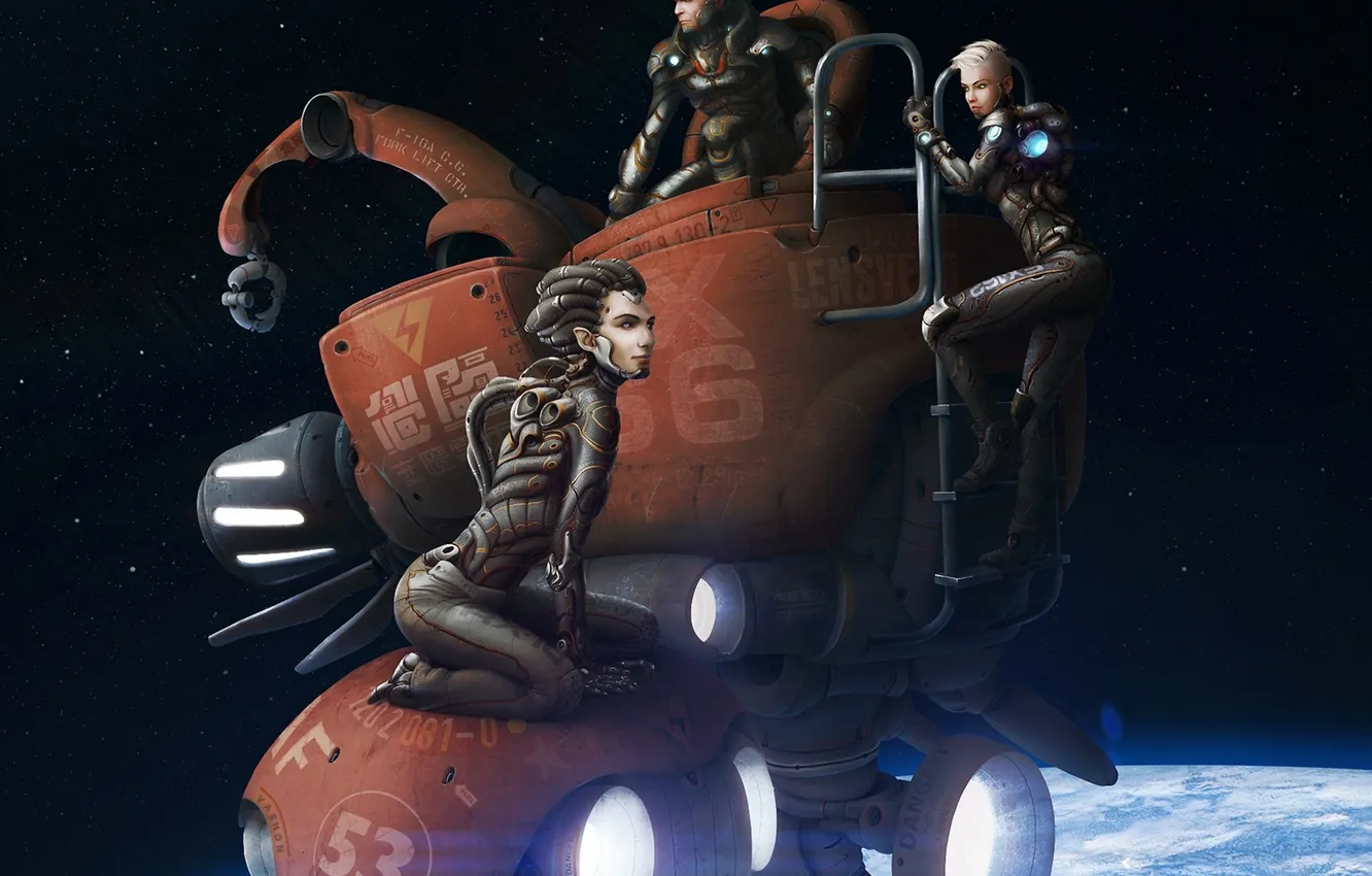 Photo wallpaper girl, space, planet, robot, satellite, art, orbit, ladder