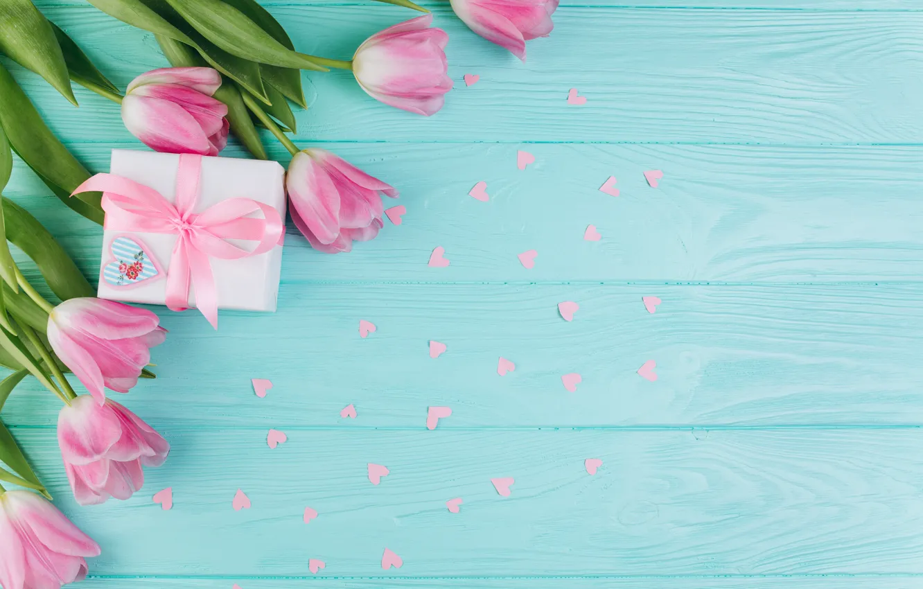 Photo wallpaper love, flowers, gift, hearts, tulips, love, pink, fresh