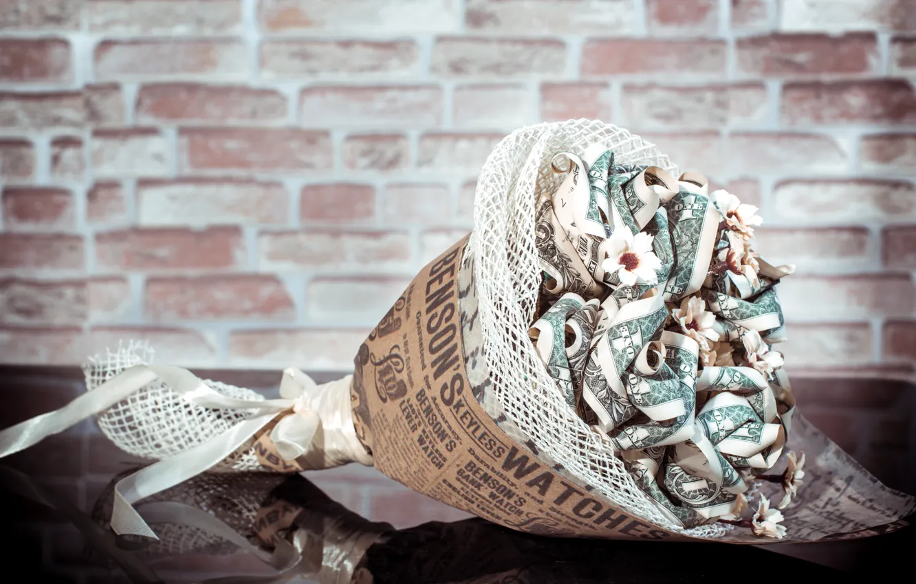 Photo wallpaper interior, money, bouquet, items