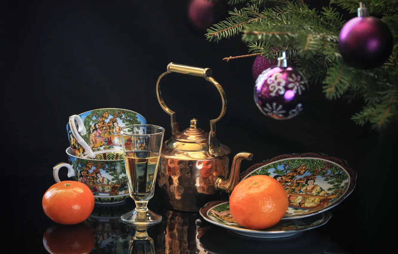 Photo wallpaper branches, holiday, balls, toys, glass, new year, Christmas, kettle
