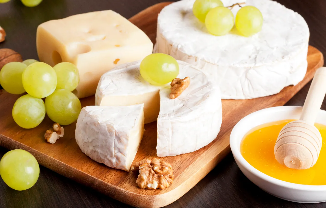 Photo wallpaper cheese, honey, grapes, nuts, honey, nuts, grapes, cheese