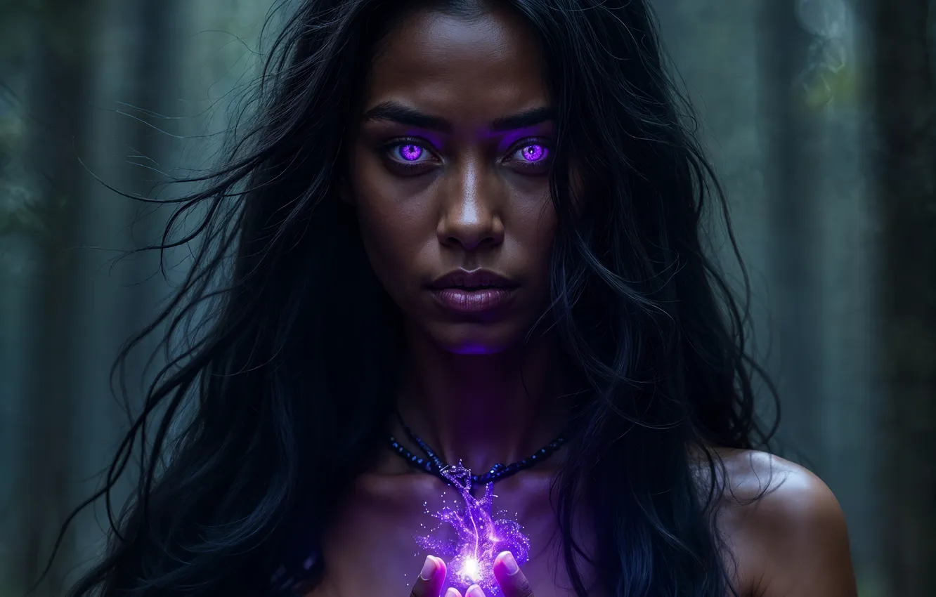 Photo wallpaper eyes, girl, magic, hands, long hair, neural network, generated by AI