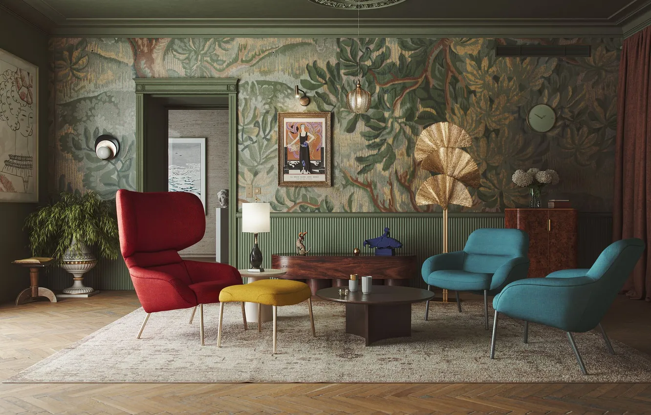 Photo wallpaper design, style, room, Wallpaper, interior, chair, living room, upholstered furniture