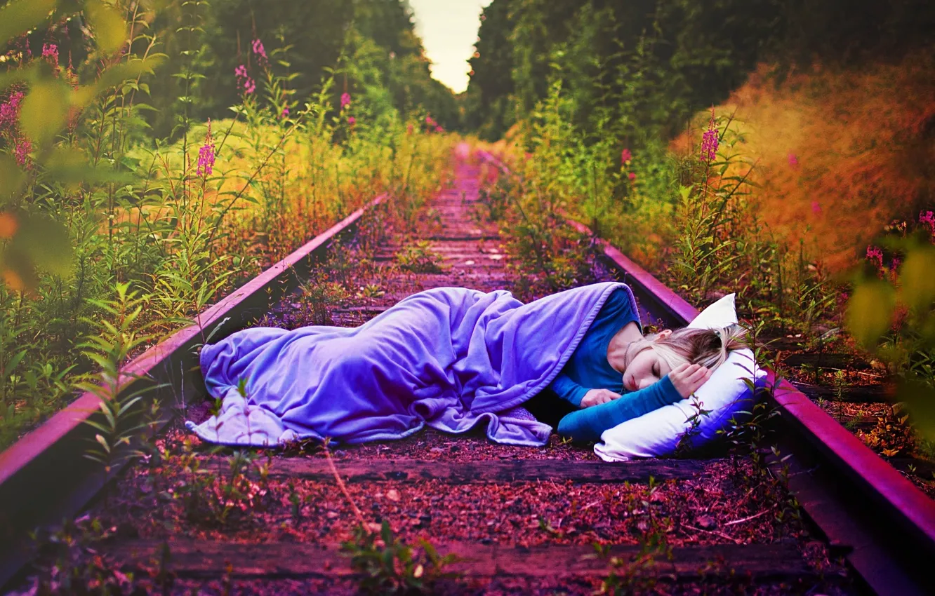 Photo wallpaper road, greens, grass, the way, rails, sleep, dal