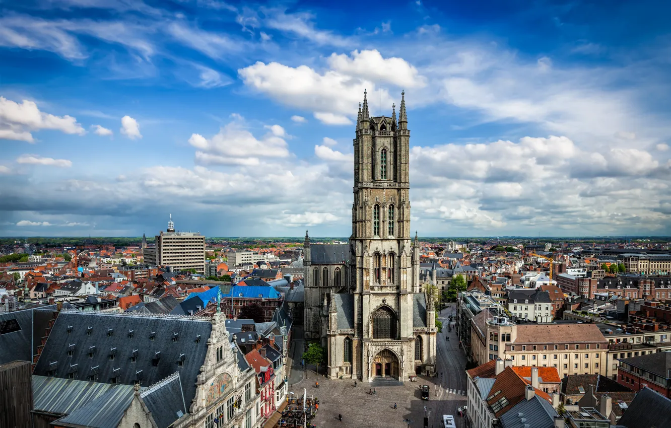 Photo wallpaper street, panorama, Belgium, Ghent, Saint Bavo Cathedral