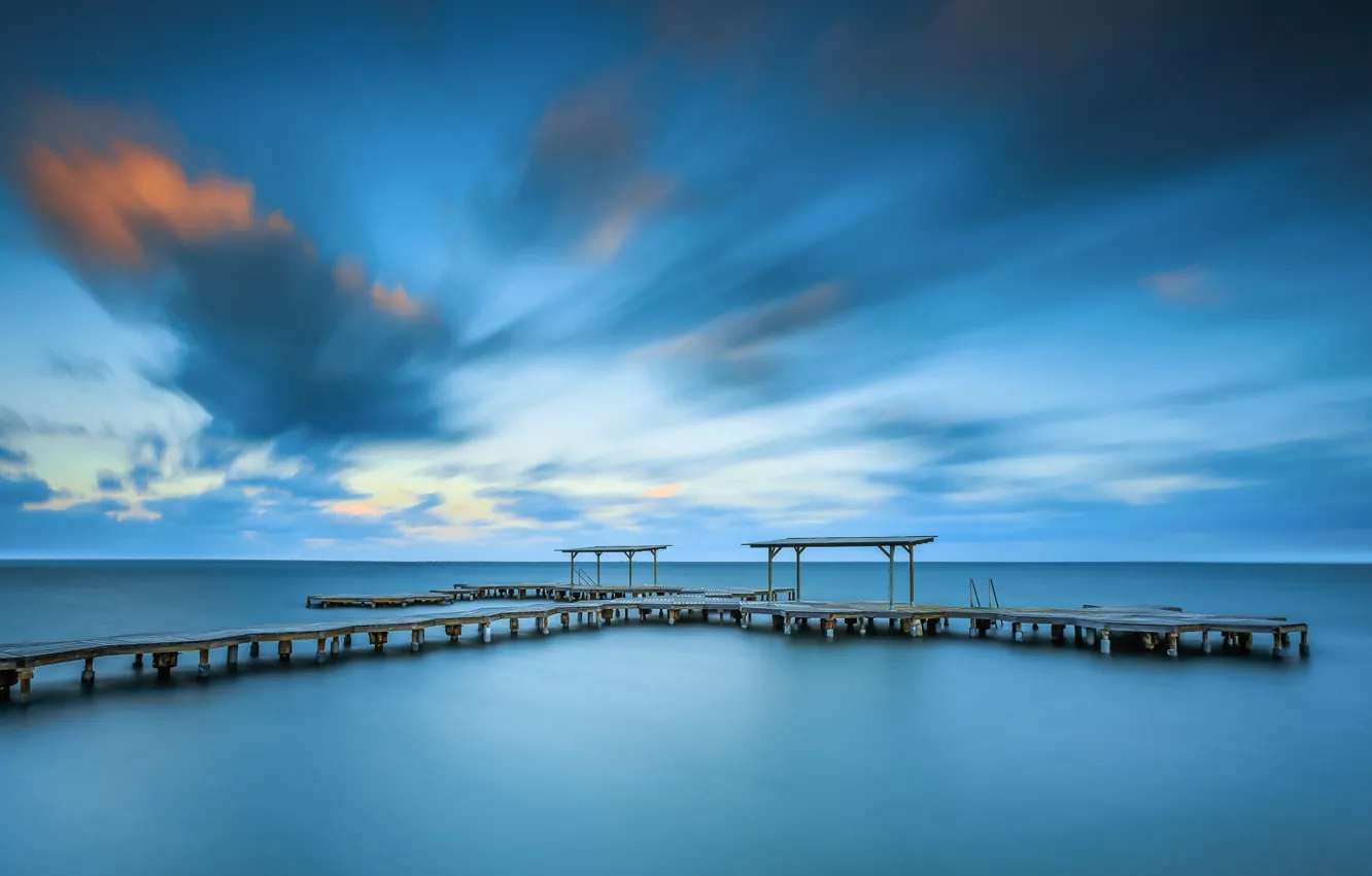 Photo wallpaper sea, the sky, clouds, shore, the evening, pierce, calm, the bridge