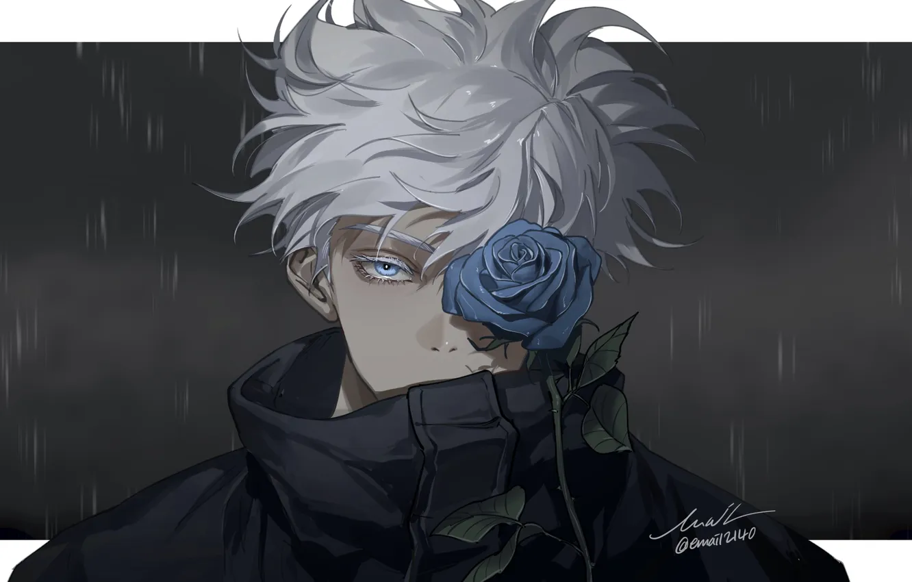 Photo wallpaper rain, roses, guy, Jujutsu Kaisen, Satoru Gojou