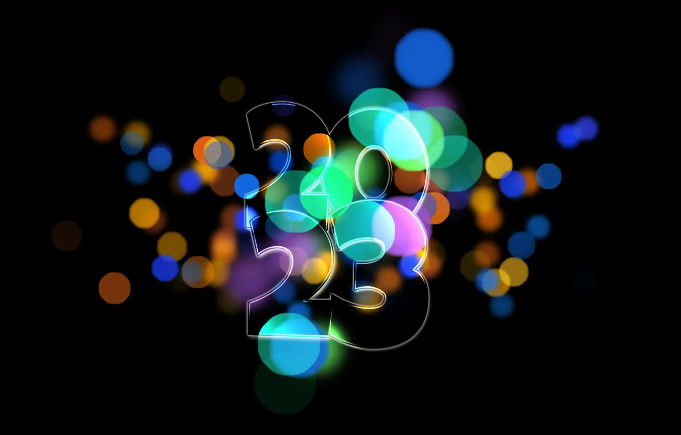 Photo wallpaper new year, figures, black background, date, bokeh, 2023