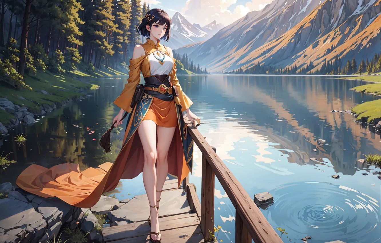 Photo wallpaper forest, trees, landscape, mountains, lake, reflection, anime, forest