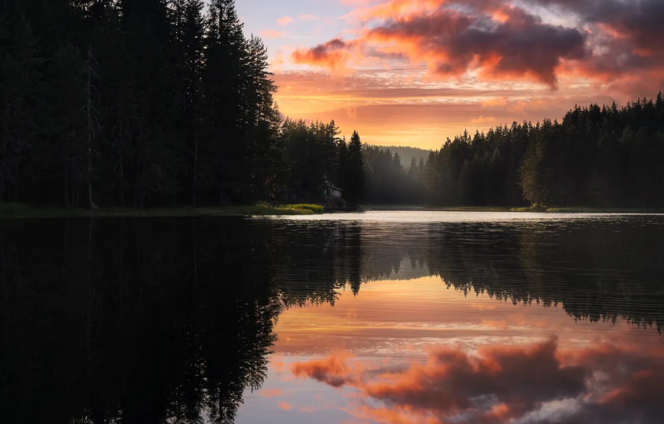 Photo wallpaper Nature, Beauty, Nature, Clouds, Sunset, Peaceful, Lake, Forest