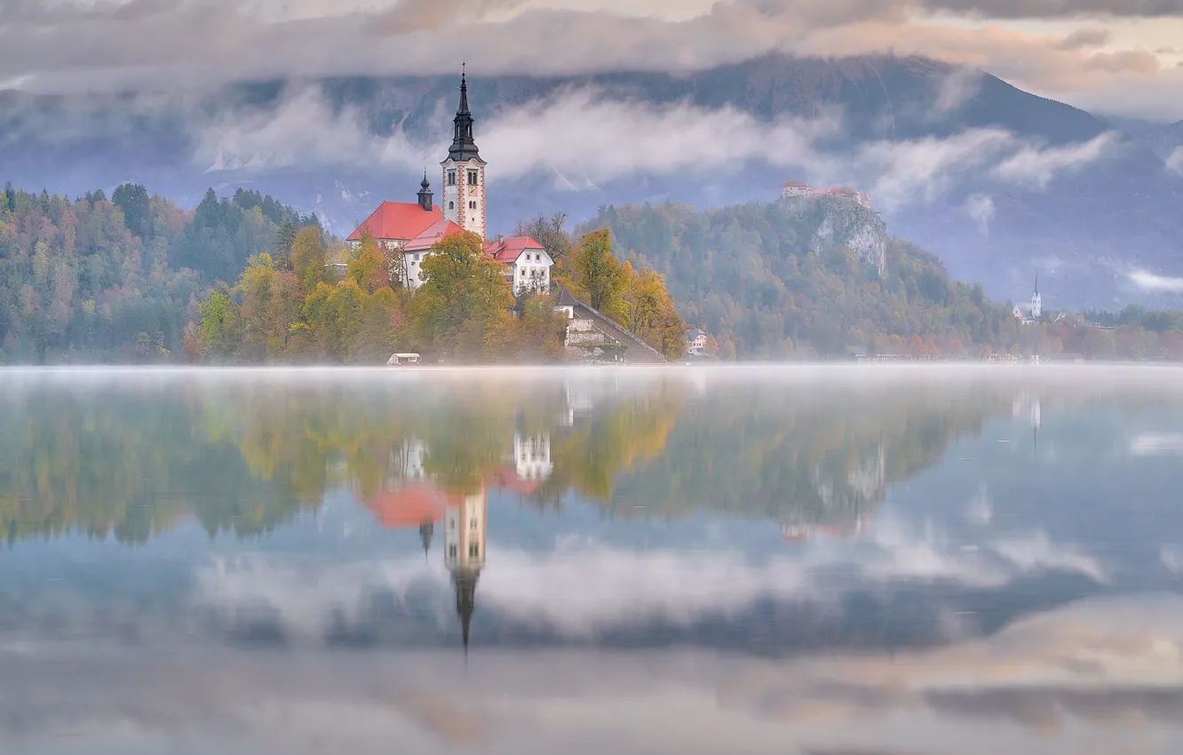 Photo wallpaper clouds, landscape, nature, fog, lake, reflection, castle, Slovenia