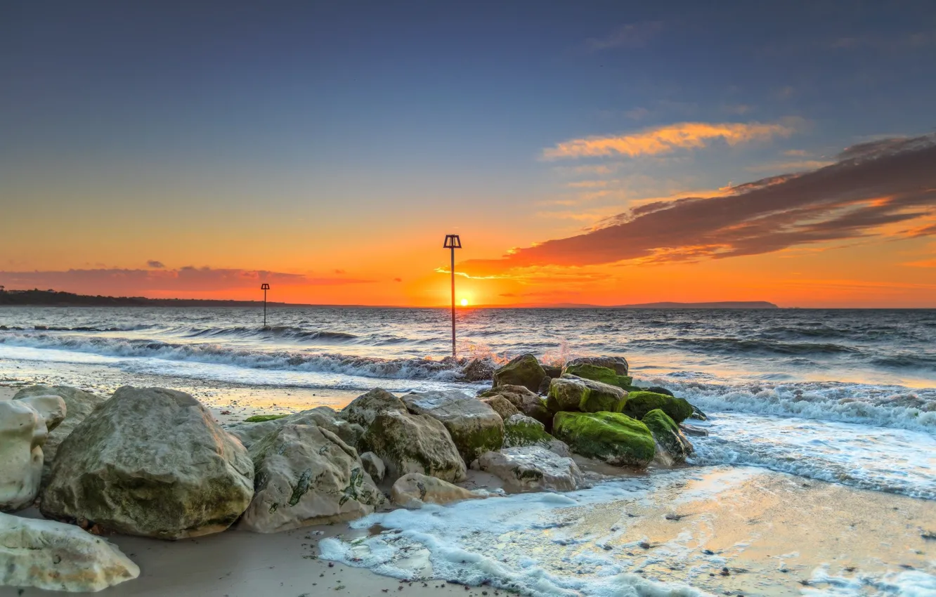 Photo wallpaper sunset, shore, coast, posts