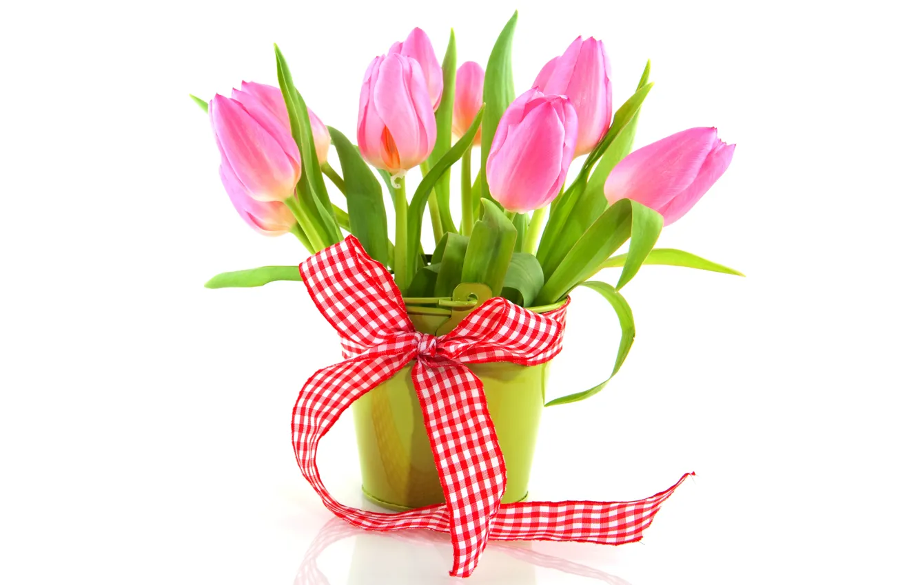 Photo wallpaper flowers, bouquet, tape, tulips, vase, fresh, pink, flowers