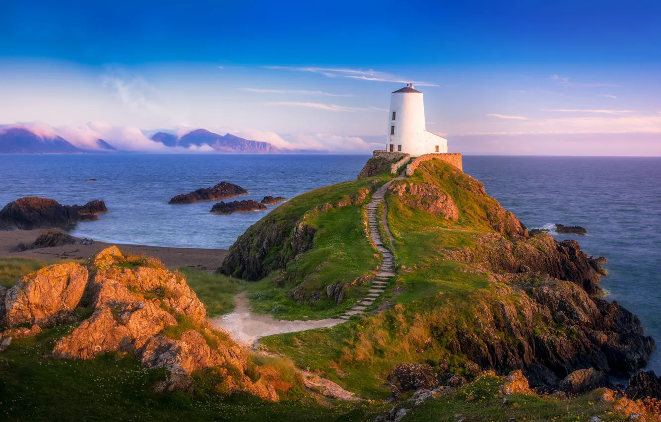 Photo wallpaper sea, landscape, nature, stones, rocks, lighthouse, island, England
