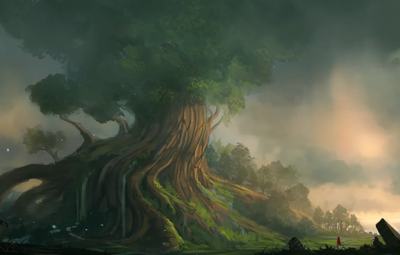 Photo wallpaper girl, trees, landscape, waterfall, art, red, blinck, giant